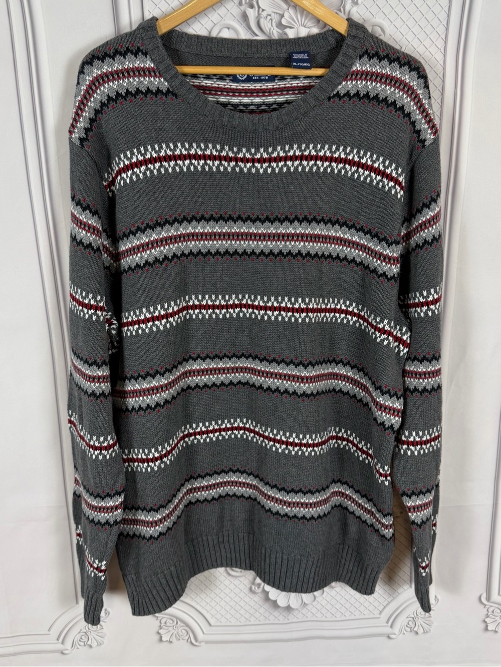 Chaps Fair Isle Nordic Crewneck Sweater Mens XL Gray Red 100% Cotton Preppy